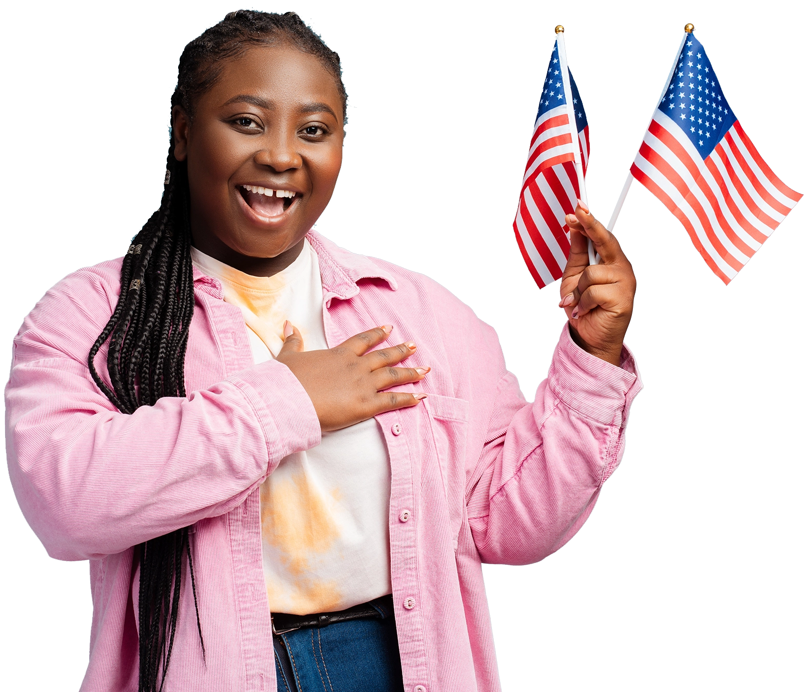 young woman with tow us flags